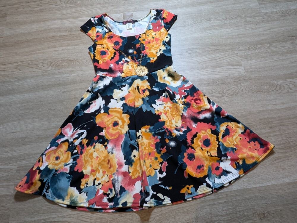 Myth Womens Medium Floral Fit Flare Skater Dress Necklace Stretch Made USA